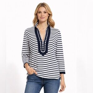 Tory Burch Tunic Top XS Blue White Stripe Nautical Split Neck Blouse